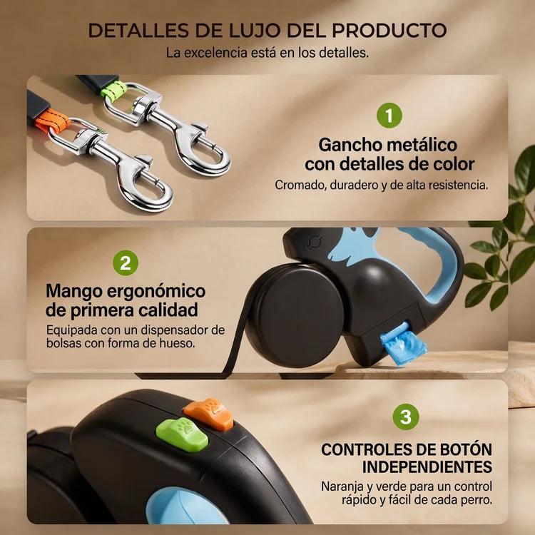 Zovelta SyncroDuo - Correa Retráctil Doble con Luz LED